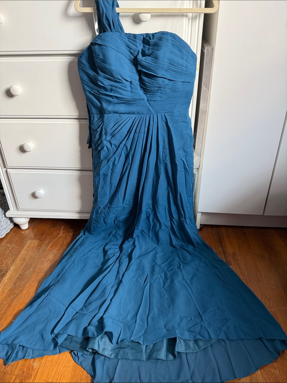 One-Shoulder Teal Pleated Evening Gown